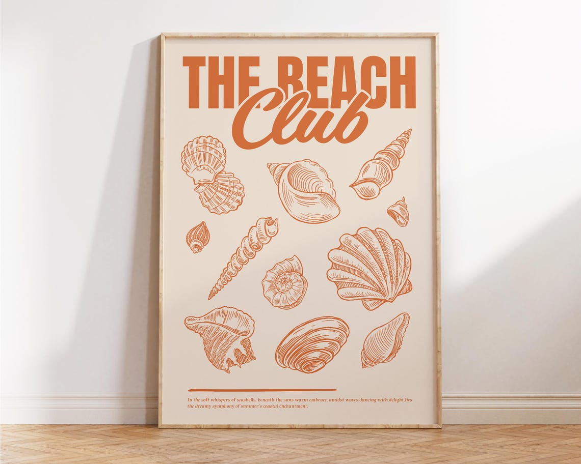 The Beach Club Retro Terracotta Orange Seashell Illustrations Poster