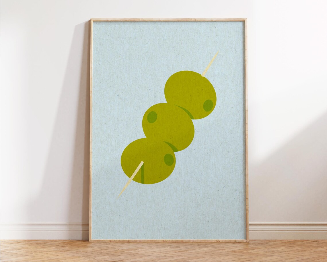 Green Olives Cocktail Skewer Minimalist Blue Retro Kitchen Decor Poster