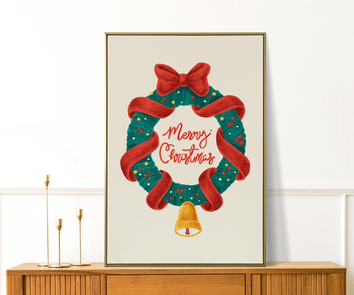 Merry Christmas Watercolor Wreath Ribbon Bell Retro Holiday Wall Art