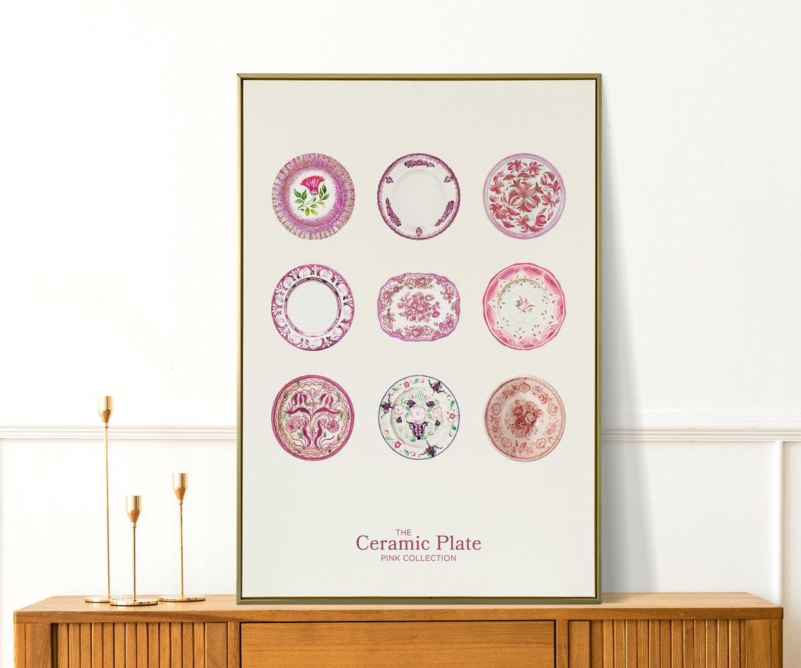 Vintage Pink Ceramic Plate Collection Retro Kitchen Wall Decor Print