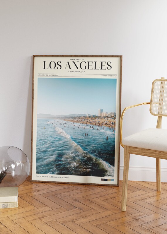 Los Angeles Coastline Crowded Beach Aerial Summer Waves Travel Poster