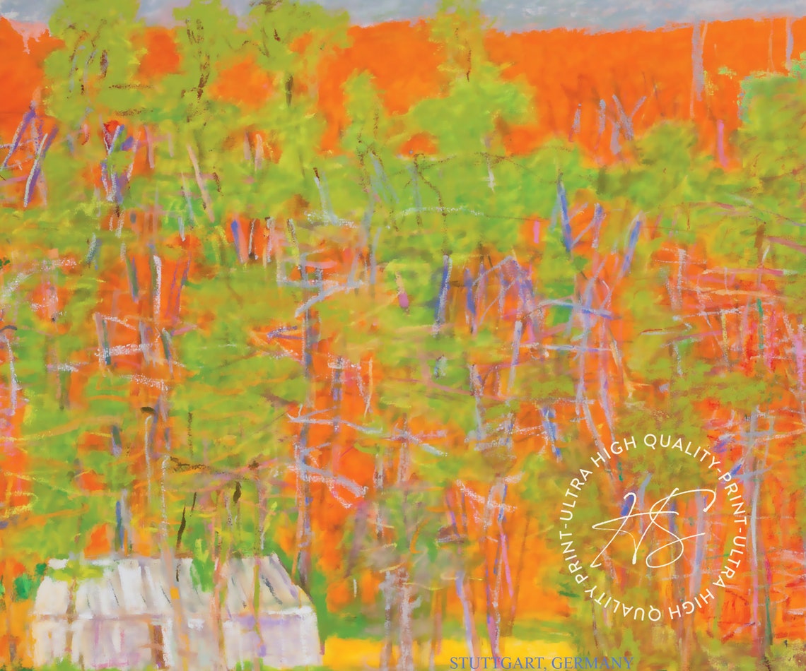 Wolf Kahn Landscape with Greenhouses Orange Sky Trees Art Print - Image 5