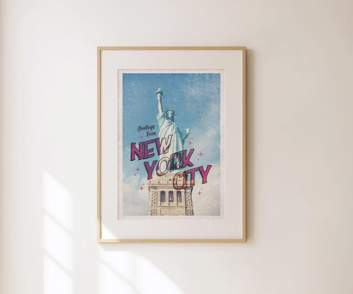 New York City Statue Of Liberty Pink Retro Travel Poster Vintage Style - Image 4