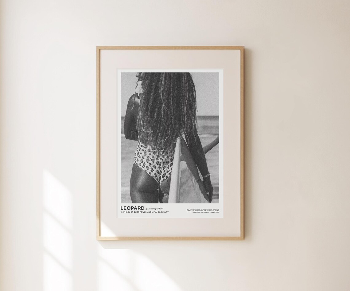 Leopard Swimsuit Surfer Girl Black White Beach Photography Print