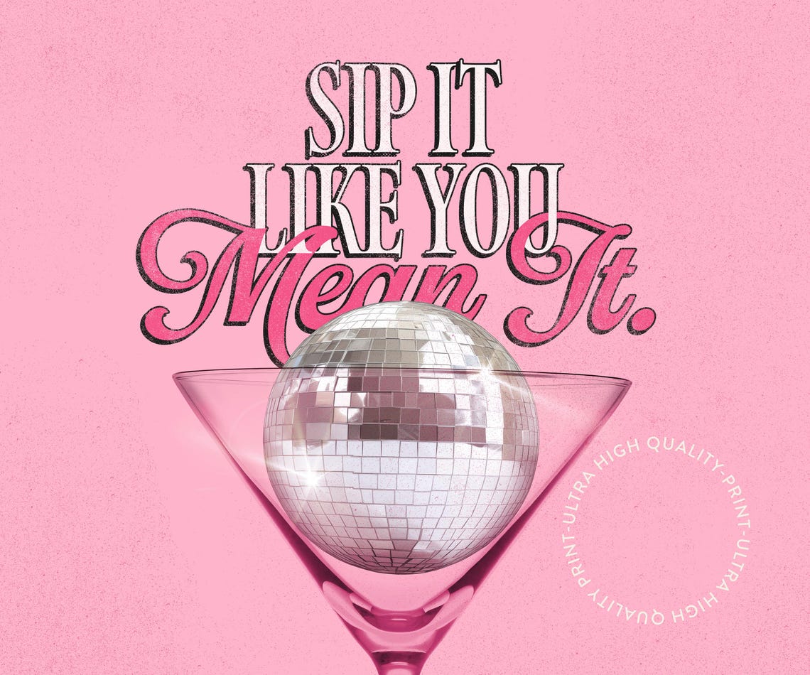 Sip It Like You Mean It Pink Martini Disco Ball Bar Cart Wall Print - Image 5