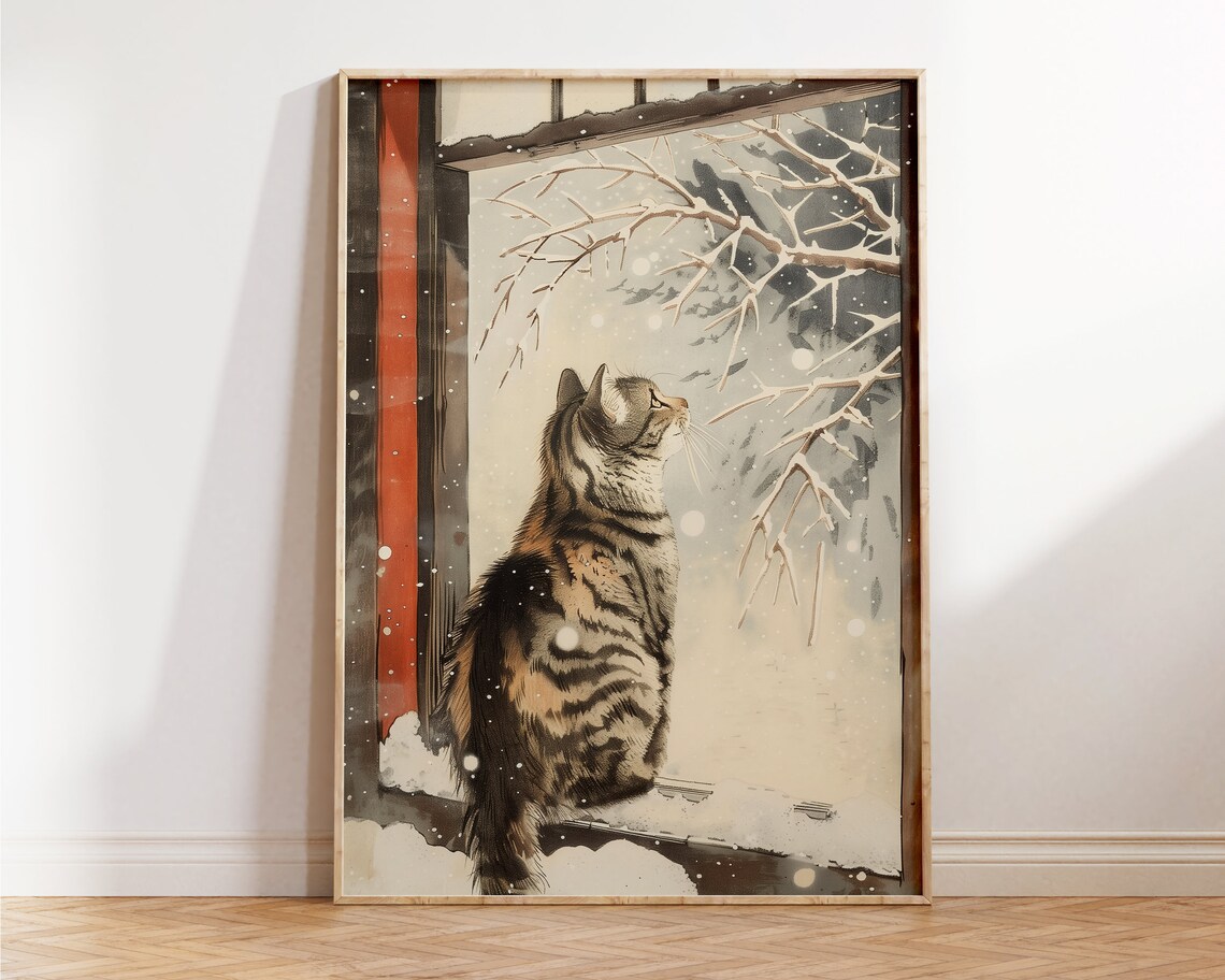 Japanese Cat Snow Window Tabby Watching Snowfall Vintage Style Art Print