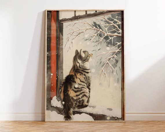 Japanese Cat Snow Window Tabby Watching Snowfall Vintage Style Art Print