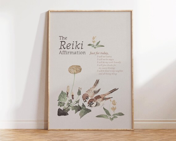 Reiki Affirmation Japanese Sparrow Wildflower Zen Wellness Poster