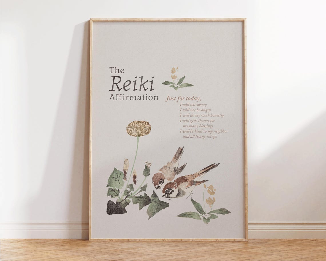 Reiki Affirmation Japanese Sparrow Wildflower Zen Wellness Poster