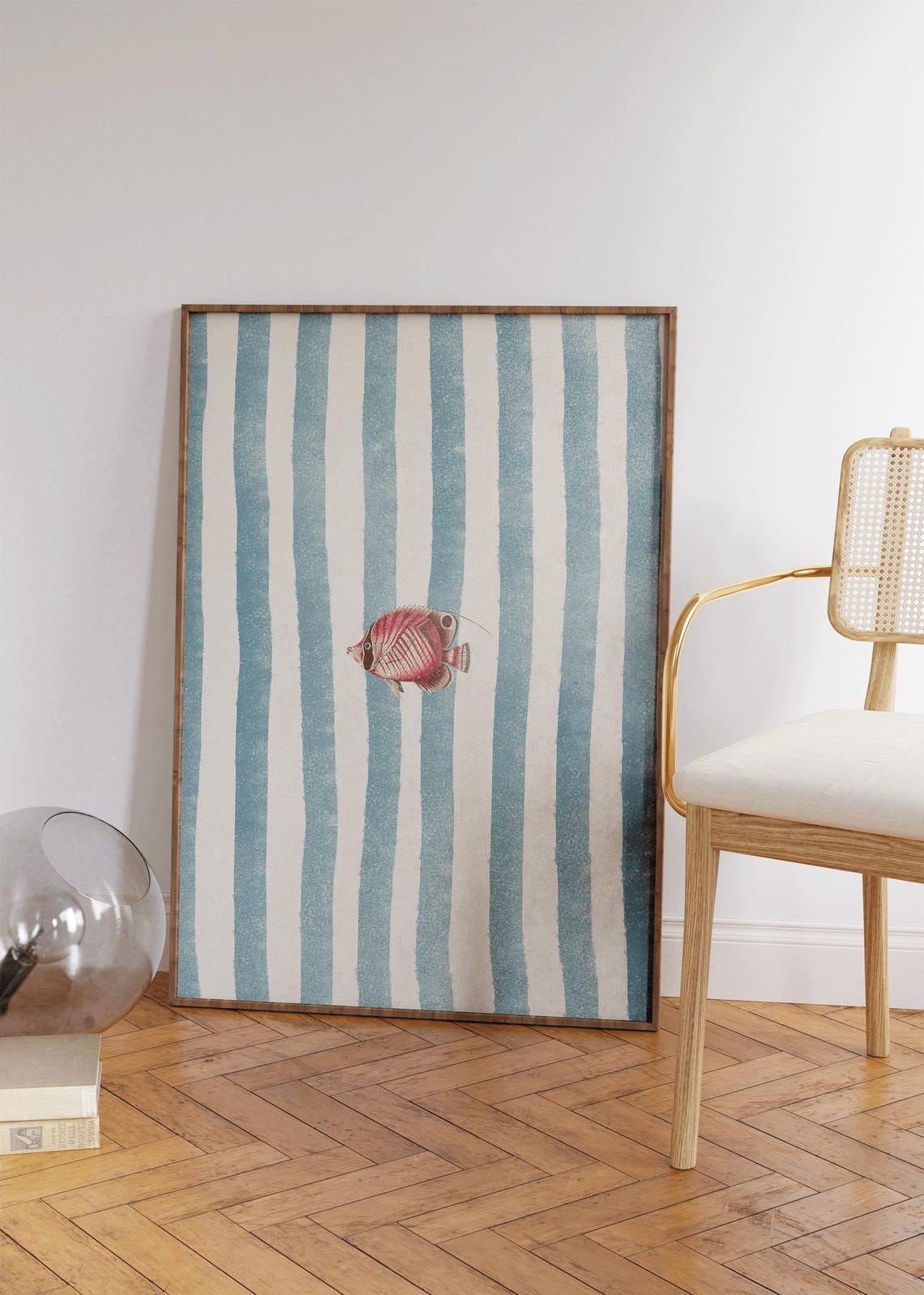 Lone Fish Retro Illustration Blue Striped Coastal Kitchen Wall Print - Image 3