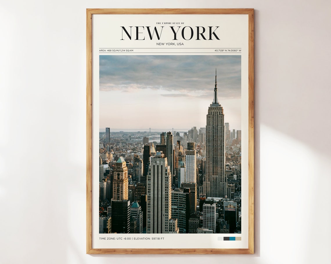 New York City Empire State Skyline View Vintage Travel Poster Print