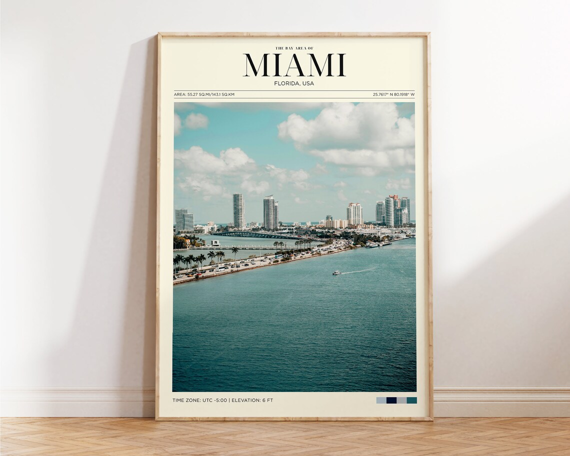 Miami Florida Bay Skyline Turquoise Water Palms Shoreline Travel Poster