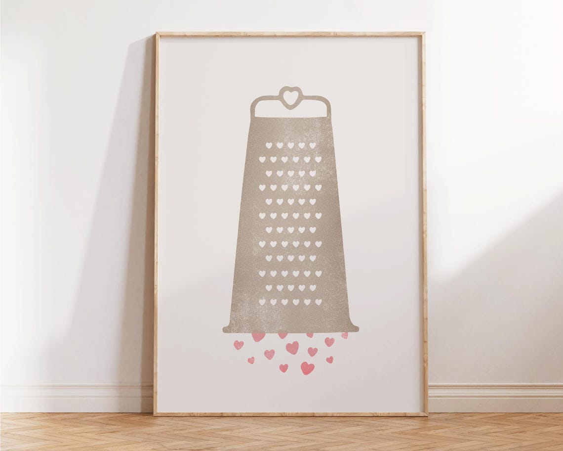 Grate Love Cheese Grater Hearts Pun Neutral Cream Funny Kitchen Poster
