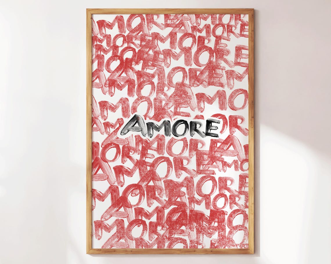 Amore Red Graffiti Typography Love Word Repeated Pattern Bold Wall Art