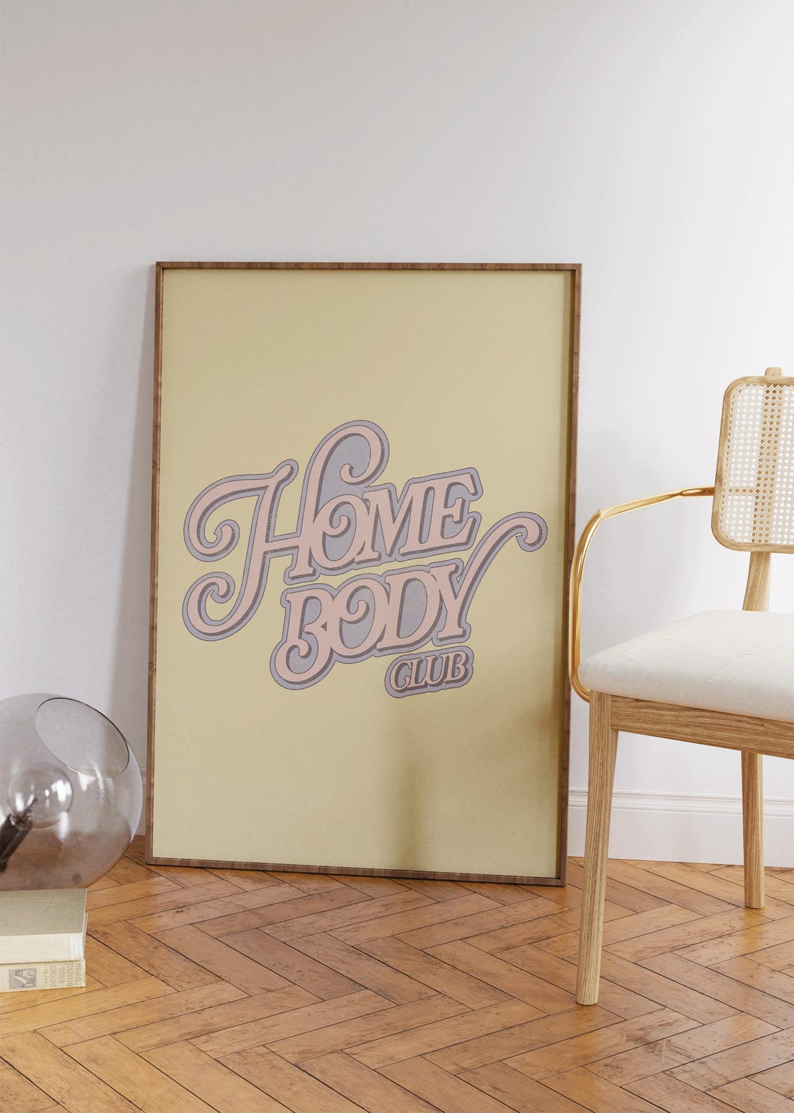 Home Body Club Retro Swirly Peach Script Lettering Yellow Art Poster
