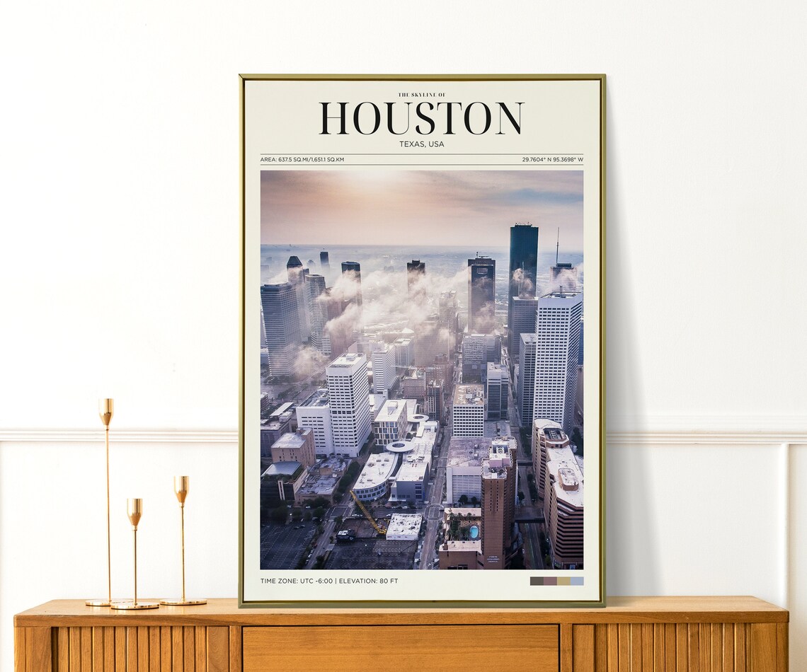 Houston Texas Misty Downtown Skyline Aerial Cityscape Travel Poster