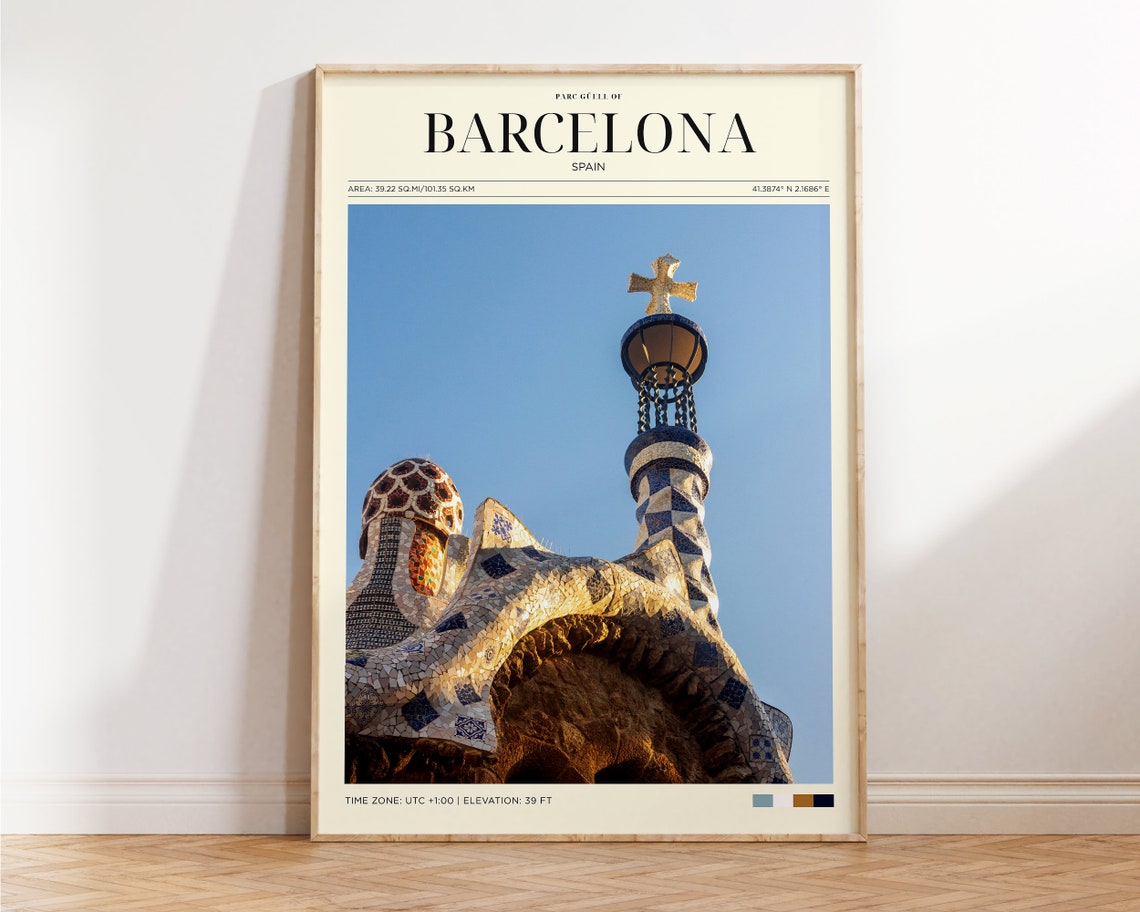 Barcelona Spain Park Guell Mosaic Gatehouse Vintage Travel Poster