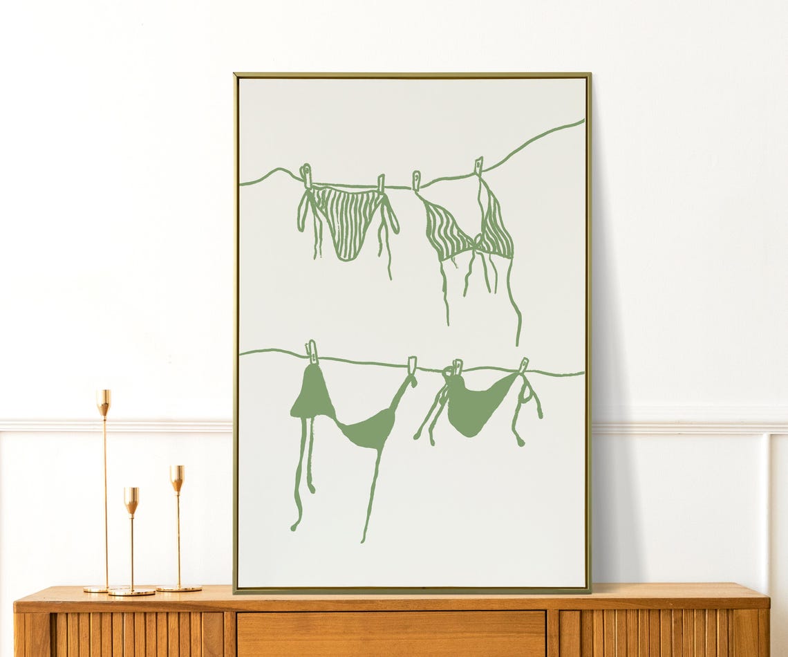 Bikini Clothesline Illustration Sage Green Coastal Summer Beach Poster - Image 4
