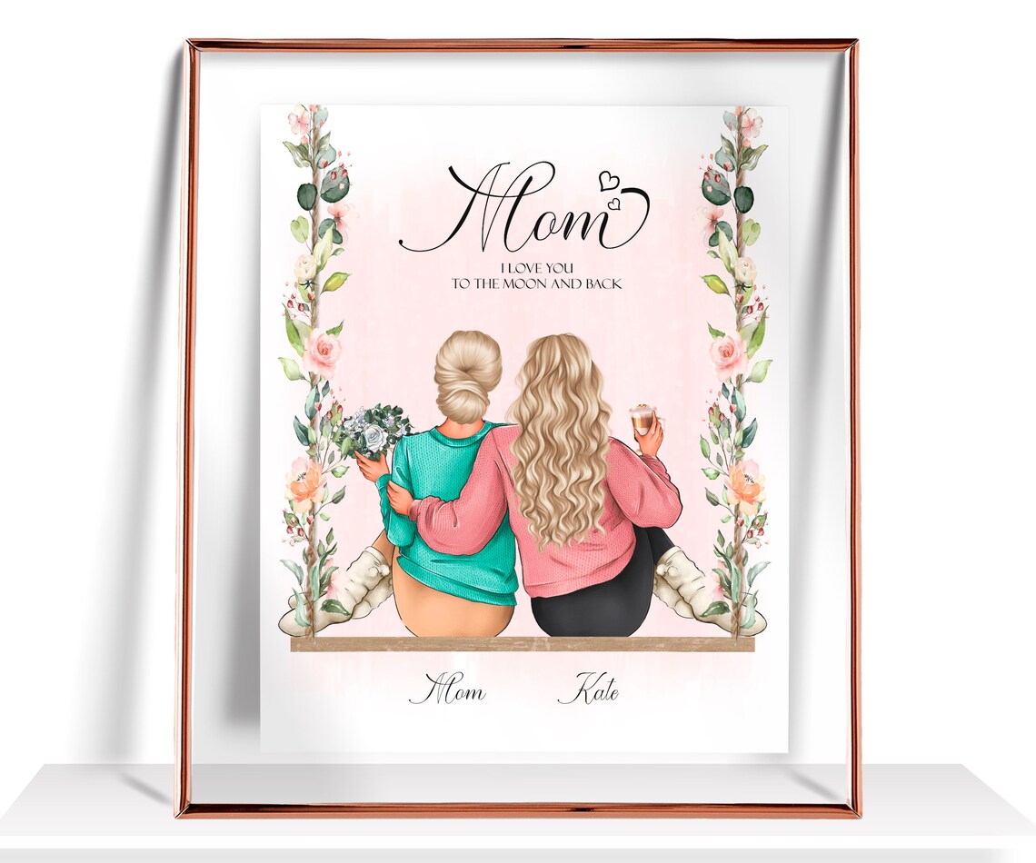 Mom I Love You to the Moon and Back Floral Swing Coffee Date Print