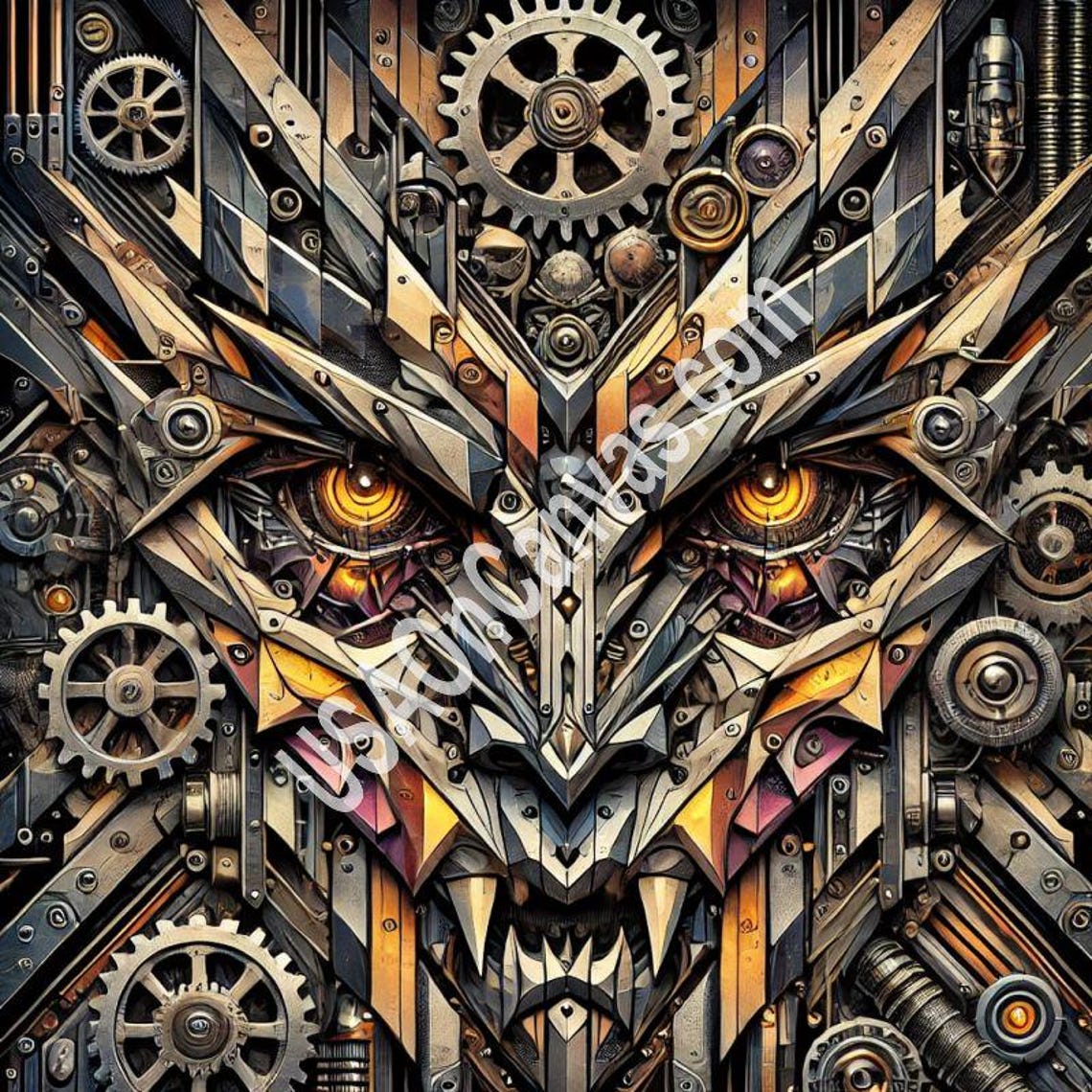 Bronze Steampunk Gear Vampire Face with Glowing Amber Eyes Poster