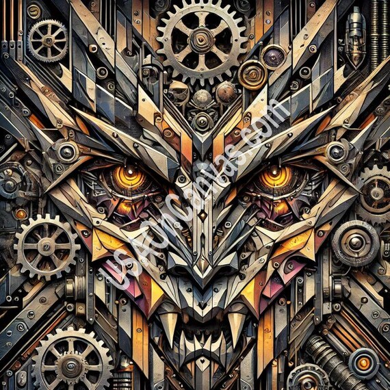 Bronze Steampunk Gear Vampire Face with Glowing Amber Eyes Poster