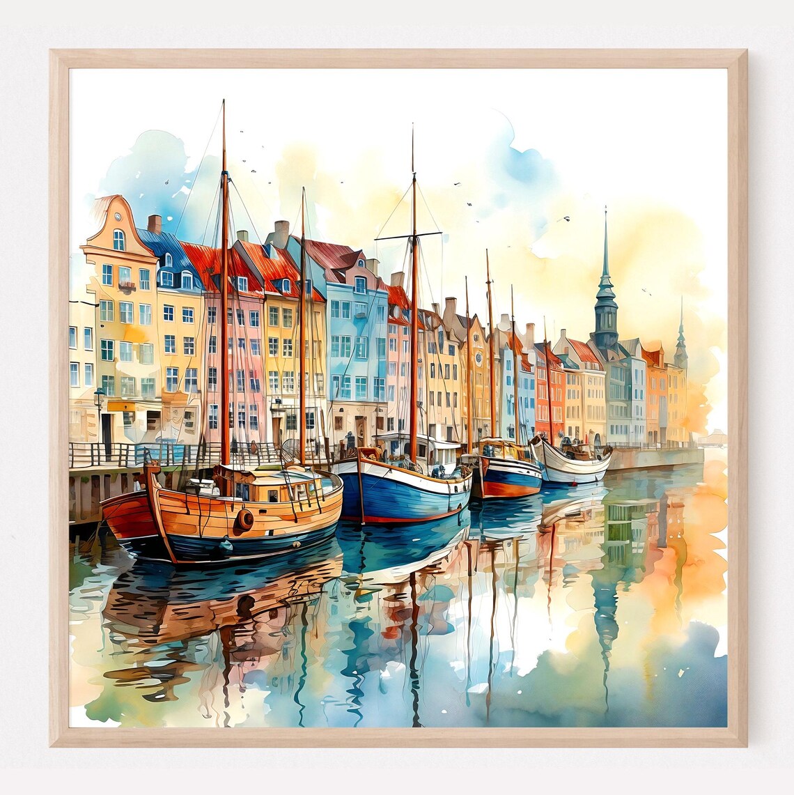 Copenhagen Harbor Colorful Houses Wooden Boats Watercolor Wall Art