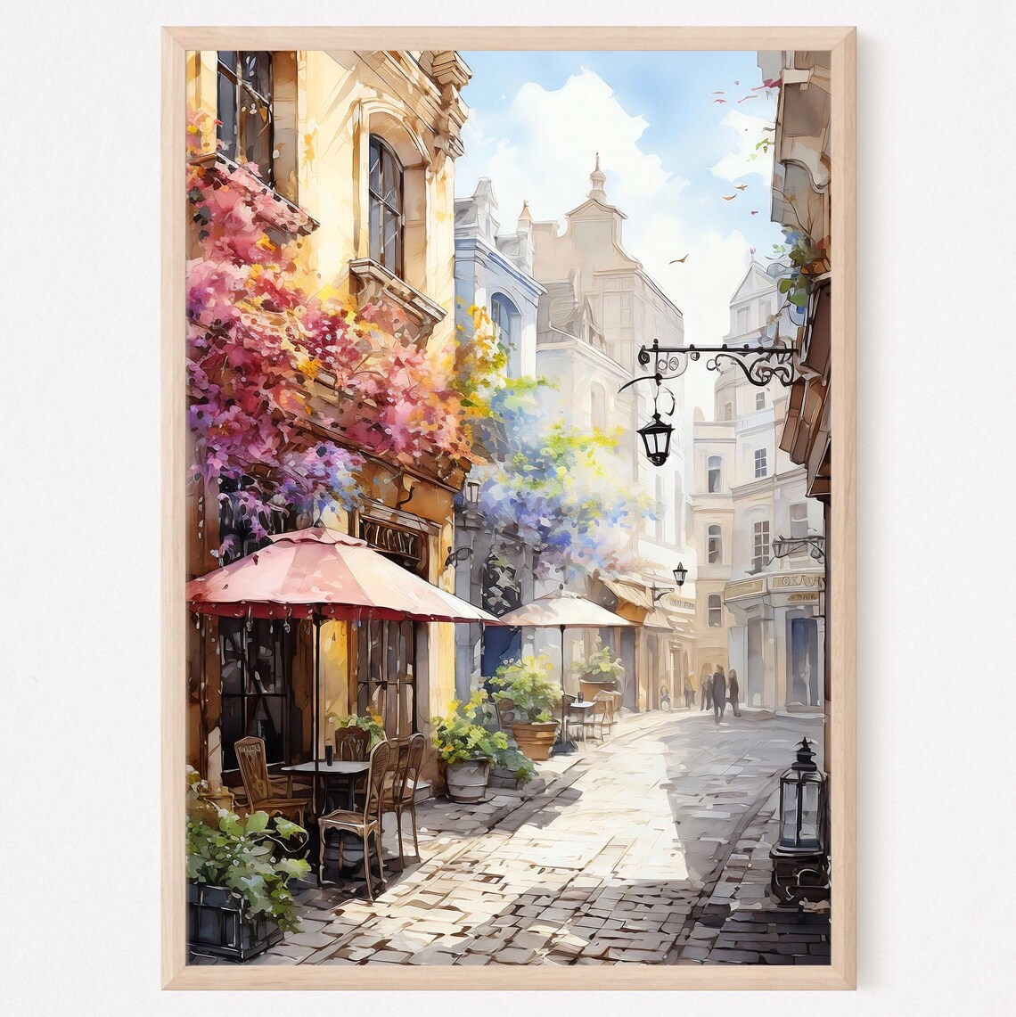 European Cafe Street Watercolor Flowering Vines Outdoor Tables Poster
