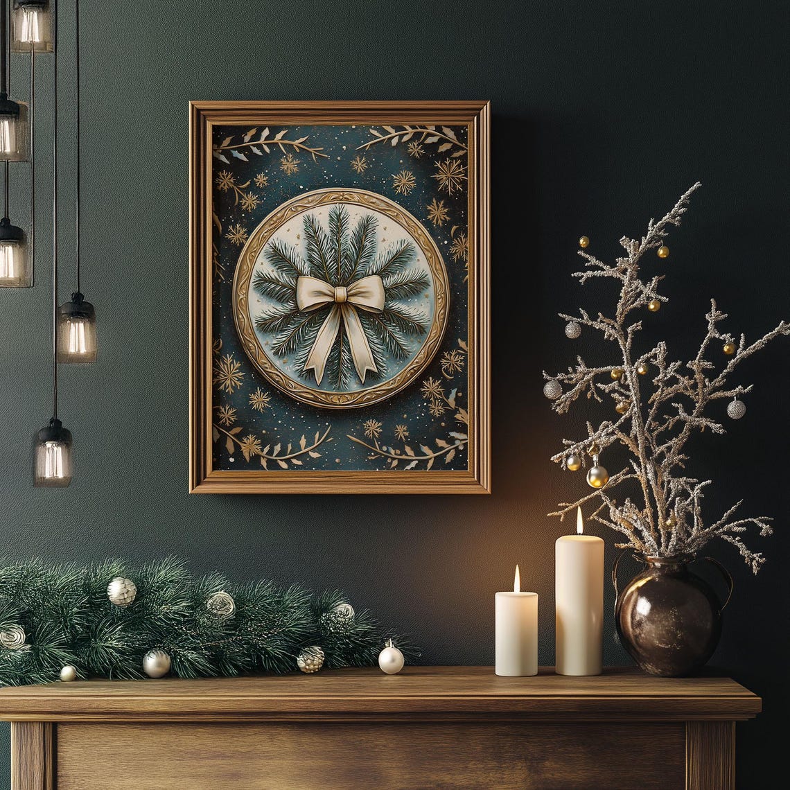 Frosted Pine Wreath Ivory Bow Vintage Holiday Medallion Poster - Image 5
