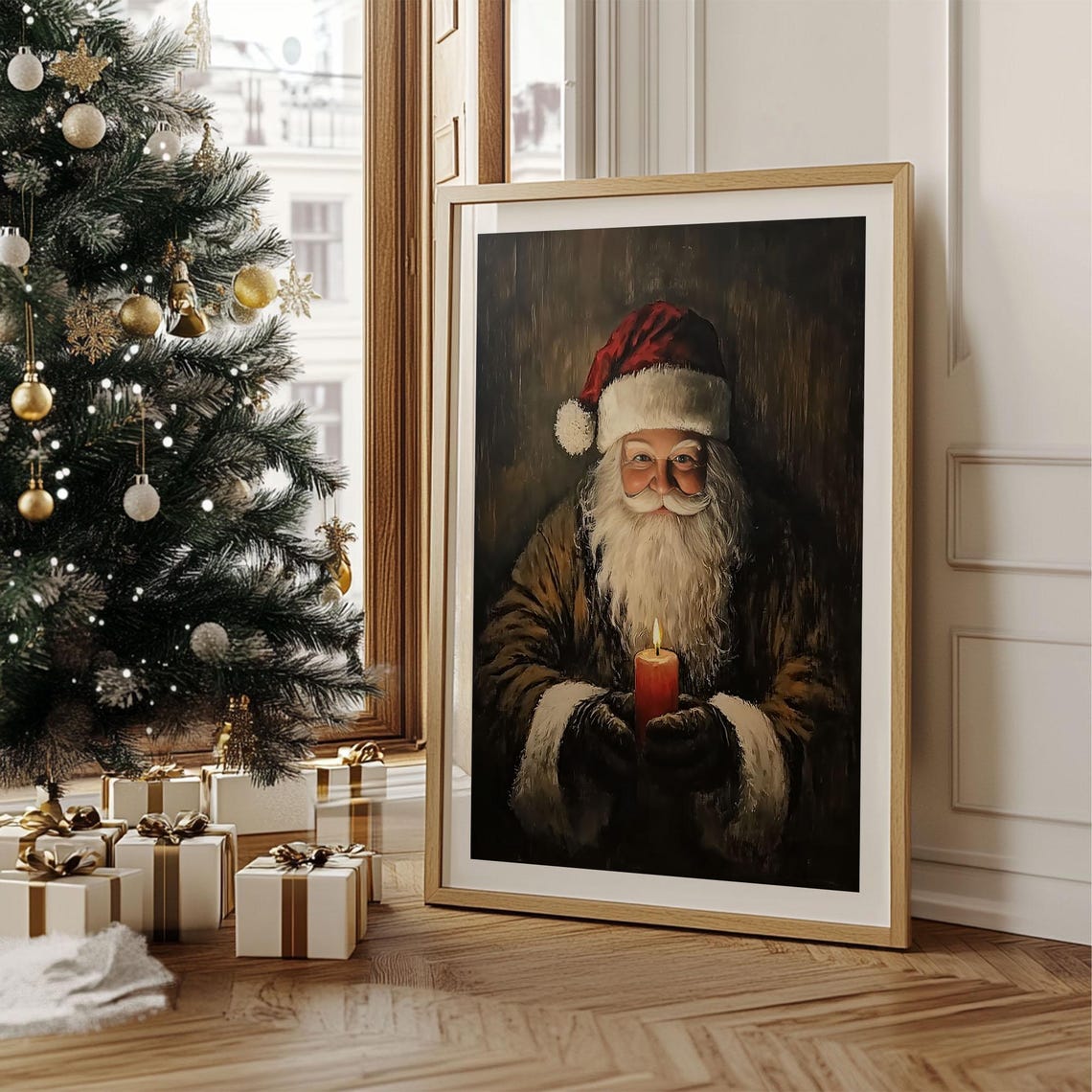 Santa Claus Holding a Candle Dark Rustic Oil Painting Christmas Poster - Image 2