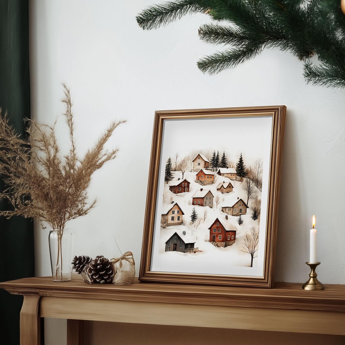 Snowy Nordic Village Hillside Cabins Watercolor Christmas Poster - Image 7