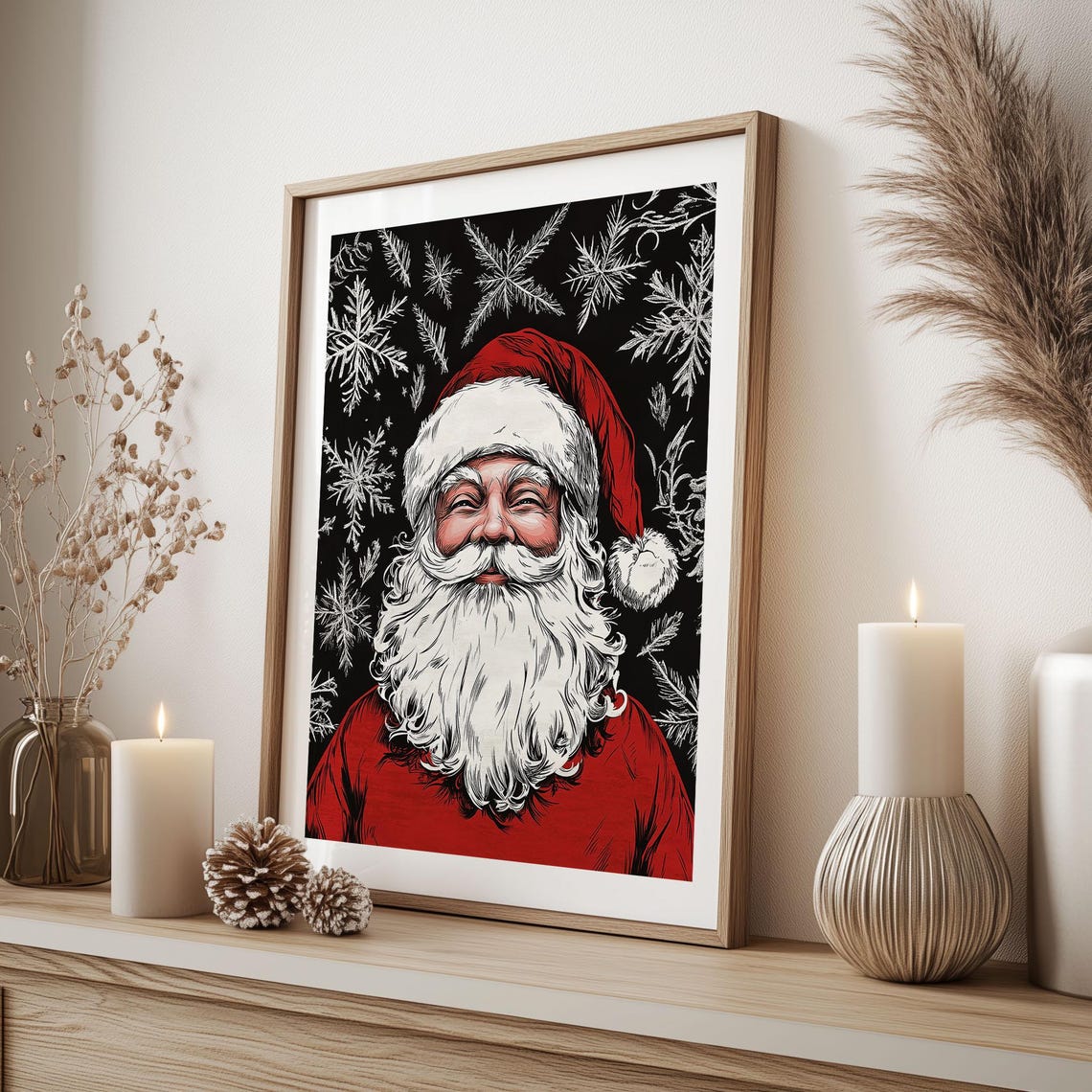 Smiling Santa Claus Portrait on Black Snowflake Background Poster - Image 2