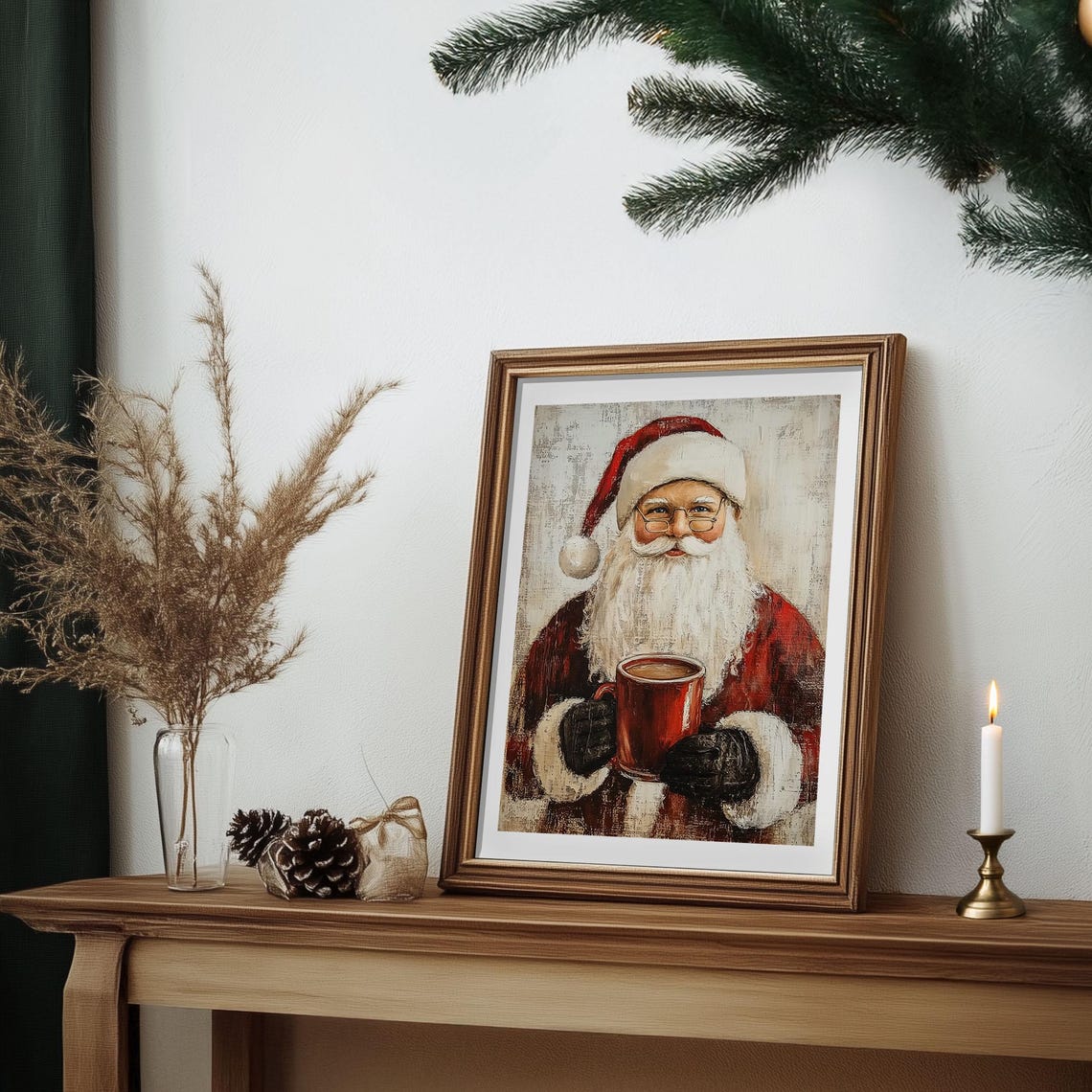 Santa Claus Holding Red Cocoa Mug Glasses Rustic Portrait Poster - Image 6