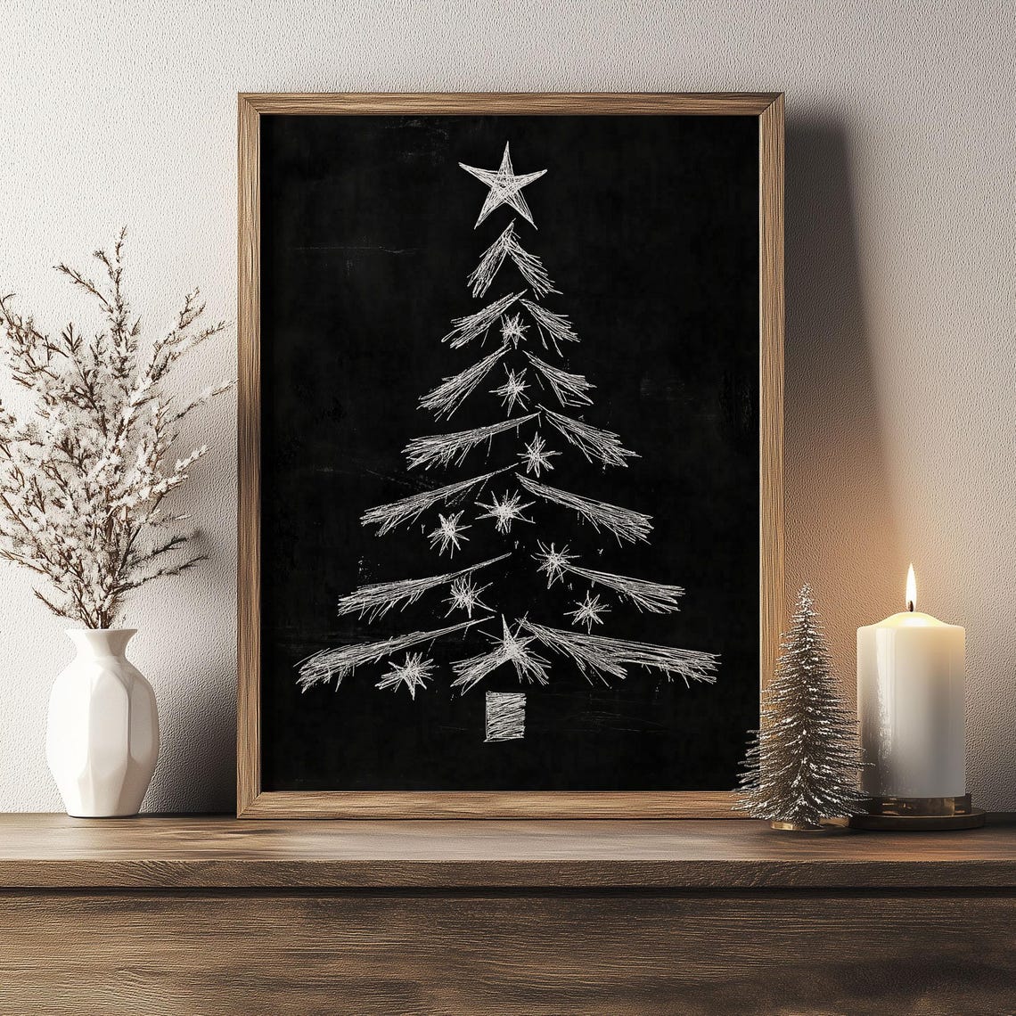 White Chalk Christmas Tree with Star on Black Chalkboard Poster - Image 3