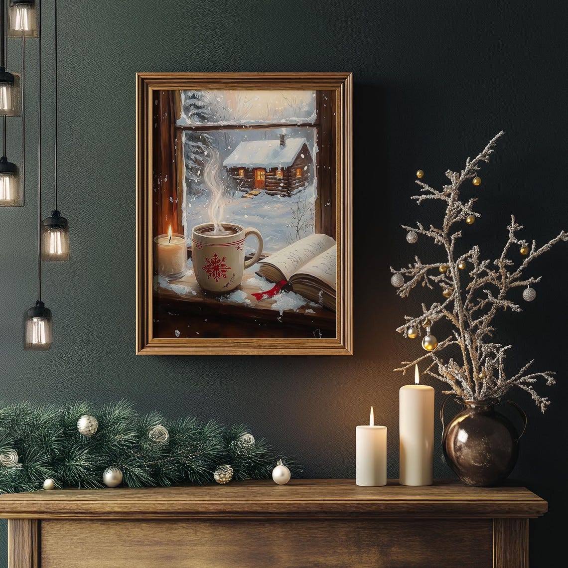 Cozy Cocoa Mug by Frosty Window Snowy Cabin View Winter Wall Art - Image 2