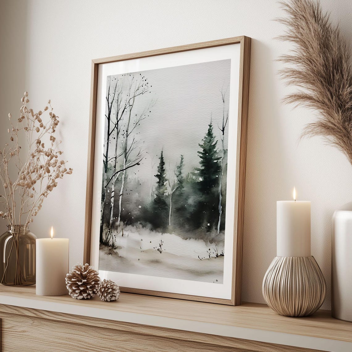 Birch and Pine Trees Misty Snowy Winter Watercolor Forest Poster - Image 2