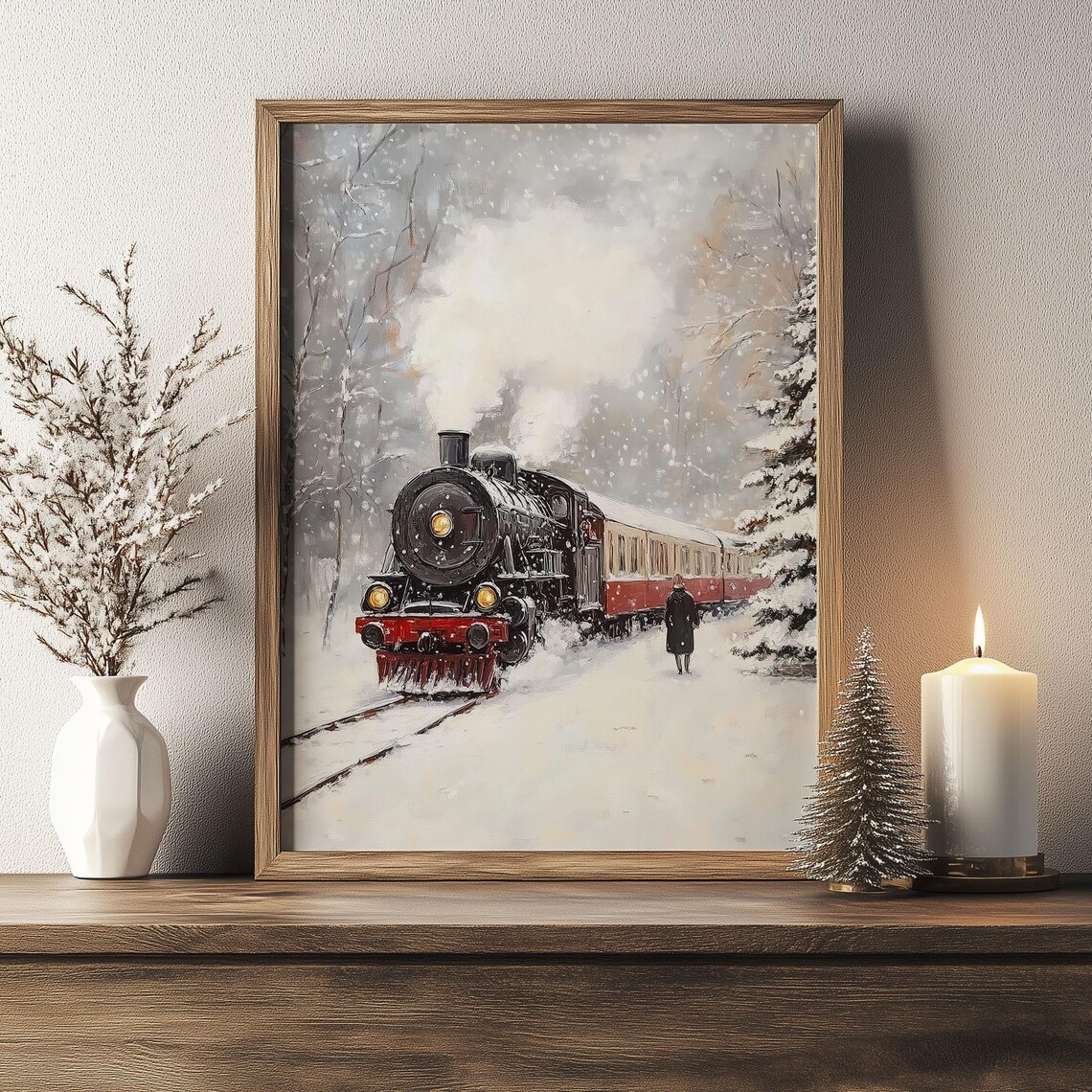 Vintage Steam Locomotive in Snowy Forest Winter Train Painting Poster - Image 7