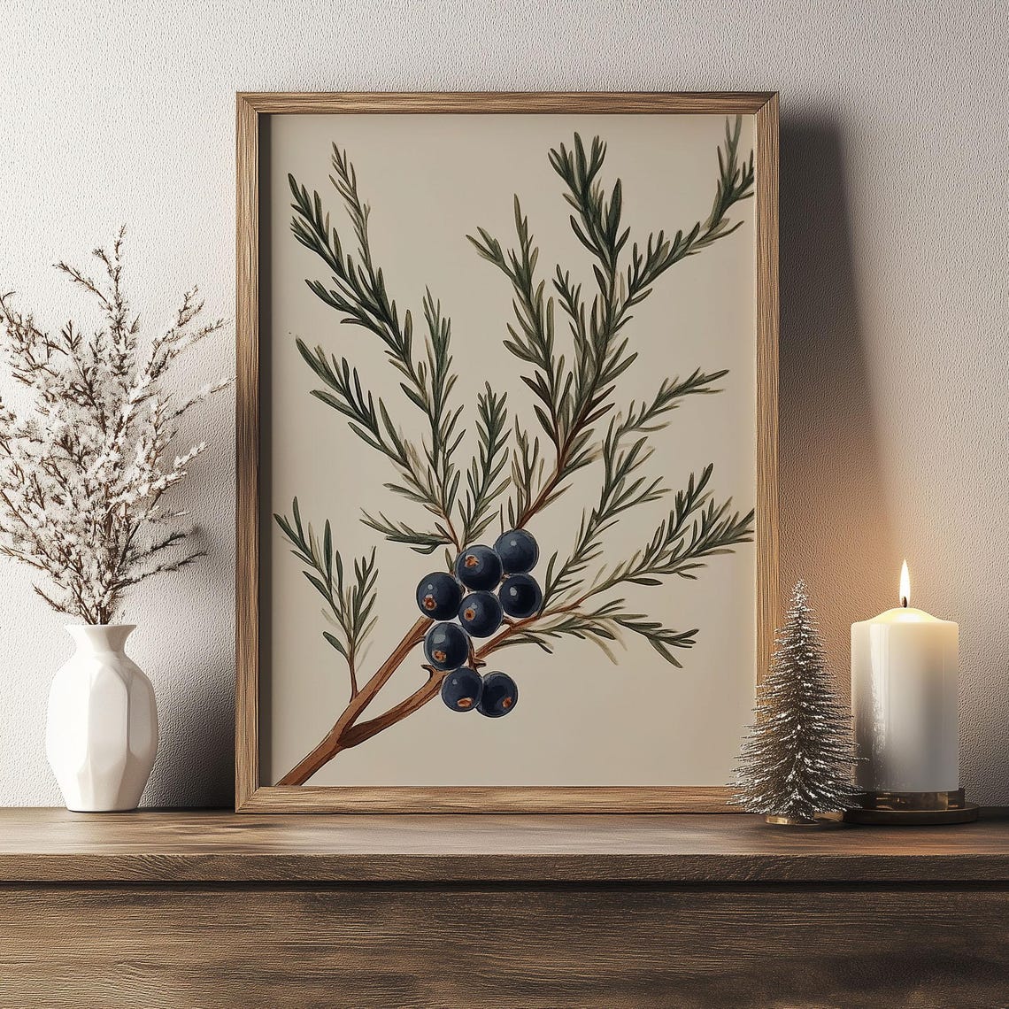 Juniper Branch With Dark Berries Vintage Botanical Winter Wall Art - Image 2