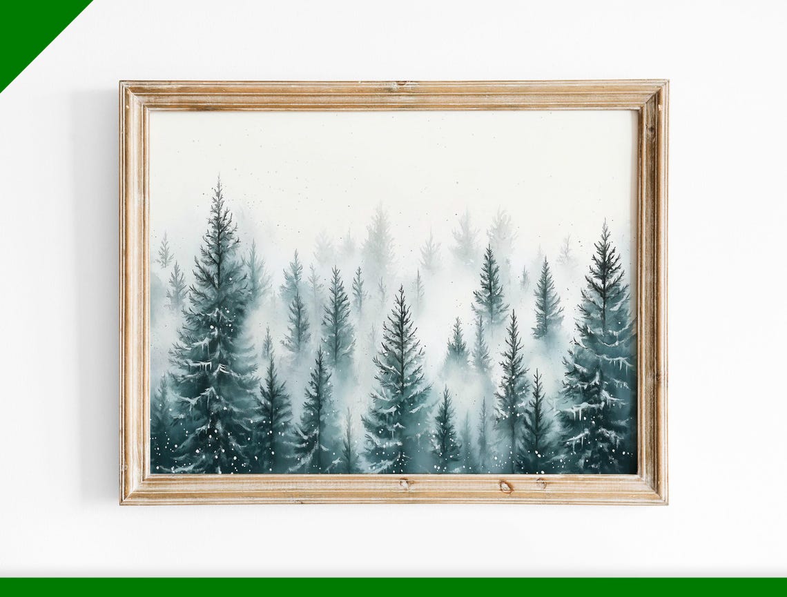 Misty Pine Forest Watercolor Minimalist Winter Landscape Poster