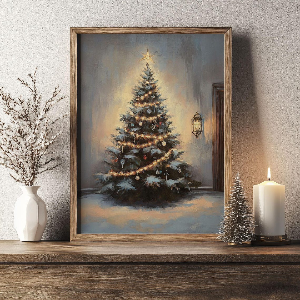 Lit Christmas Tree With Garland Lights Indoors Vintage Oil Poster - Image 6
