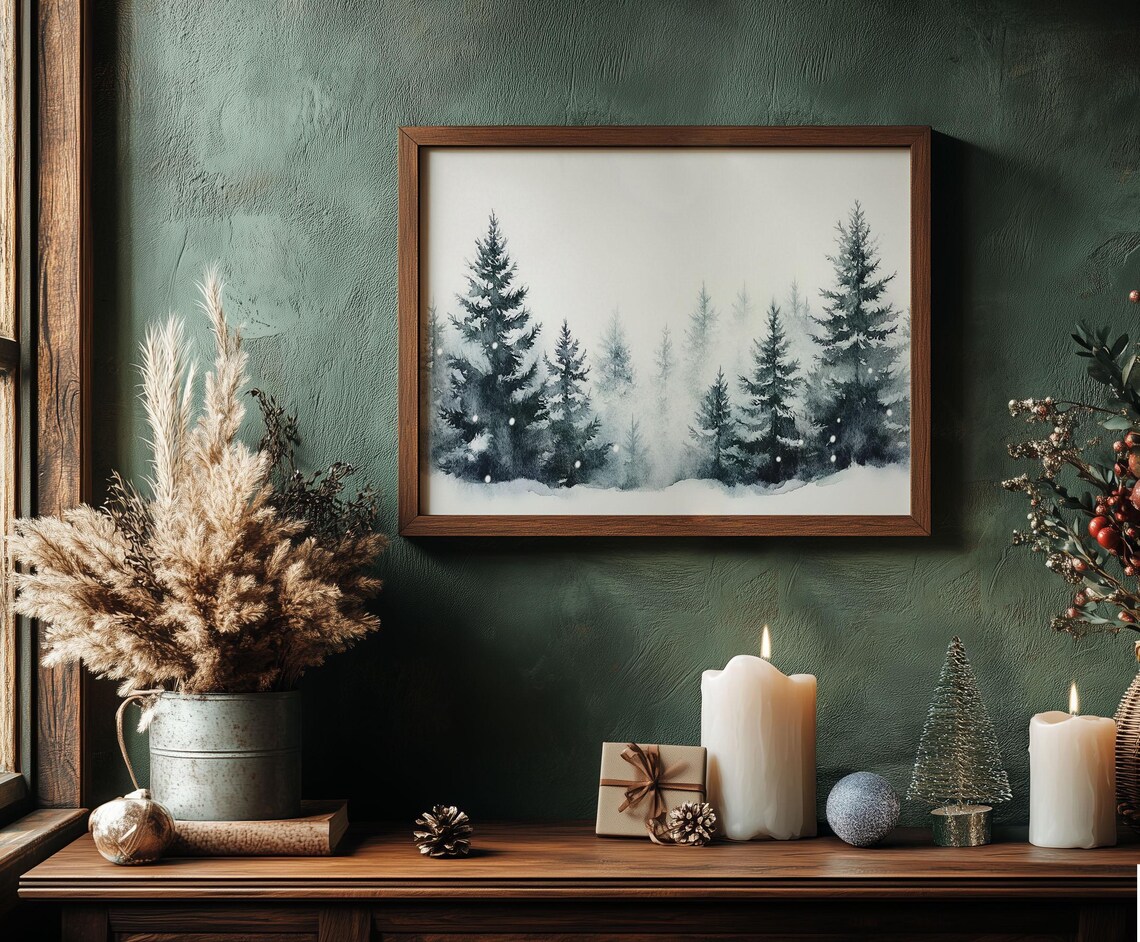 Misty Snowy Pine Trees Winter Watercolor Forest Landscape Poster - Image 6