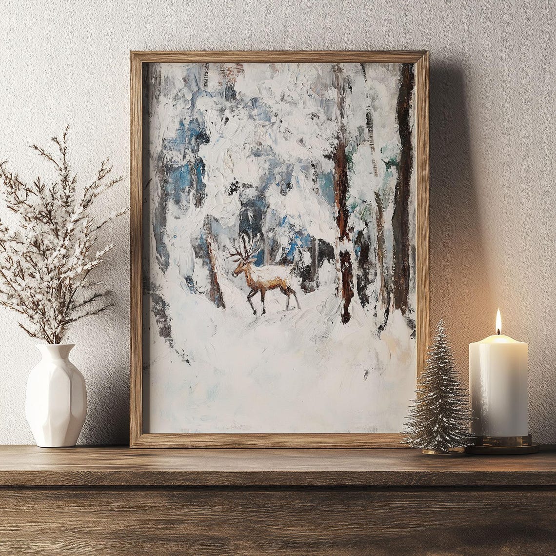Impressionist Deer in Snowy Woods Heavy Texture Winter Art Poster - Image 2