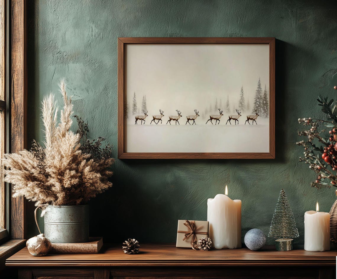 Seven Reindeer Walking Through Misty Snow Winter Landscape Poster - Image 6