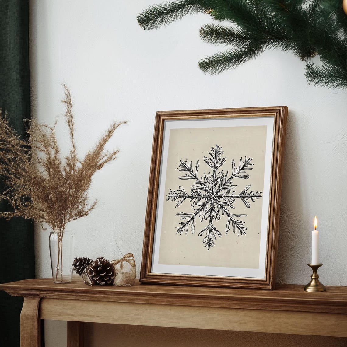 Delicate Pencil Snowflake Sketch Vintage Botanical Winter Wall Art - Image 6