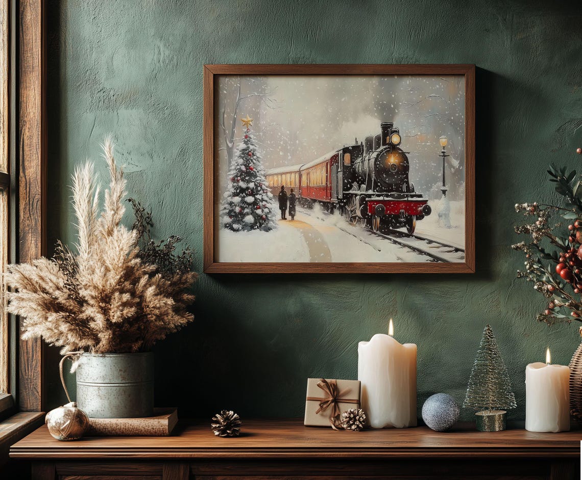 Vintage Steam Locomotive in Falling Snow Christmas Tree Poster - Image 6
