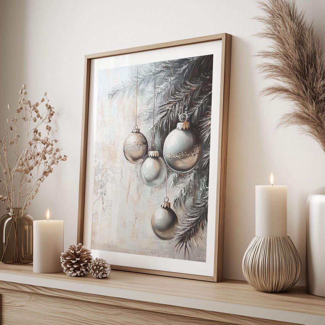 Silver Baubles Hanging Among Frosted Branches Elegant Christmas Poster - Image 4