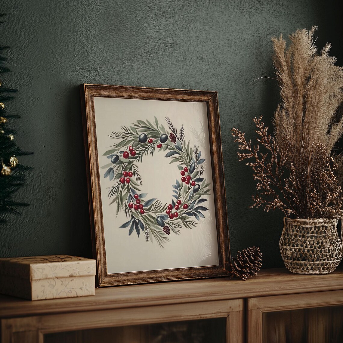 Watercolor Christmas Wreath Berry Pine Rustic Holiday Art Print - Image 7