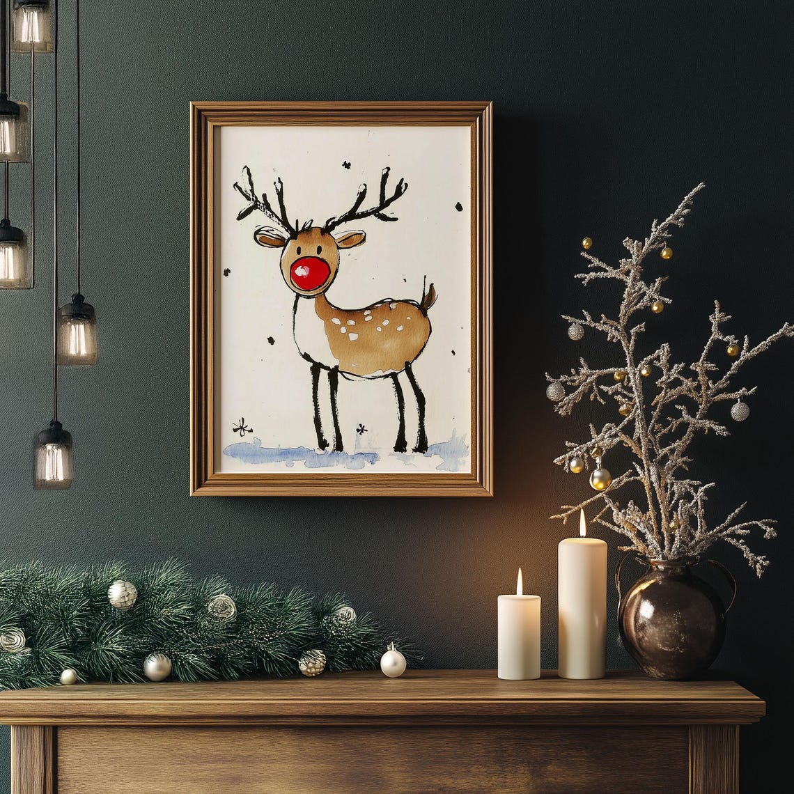 Cute Red Nose Reindeer Ink Watercolor Whimsical Christmas Poster - Image 5