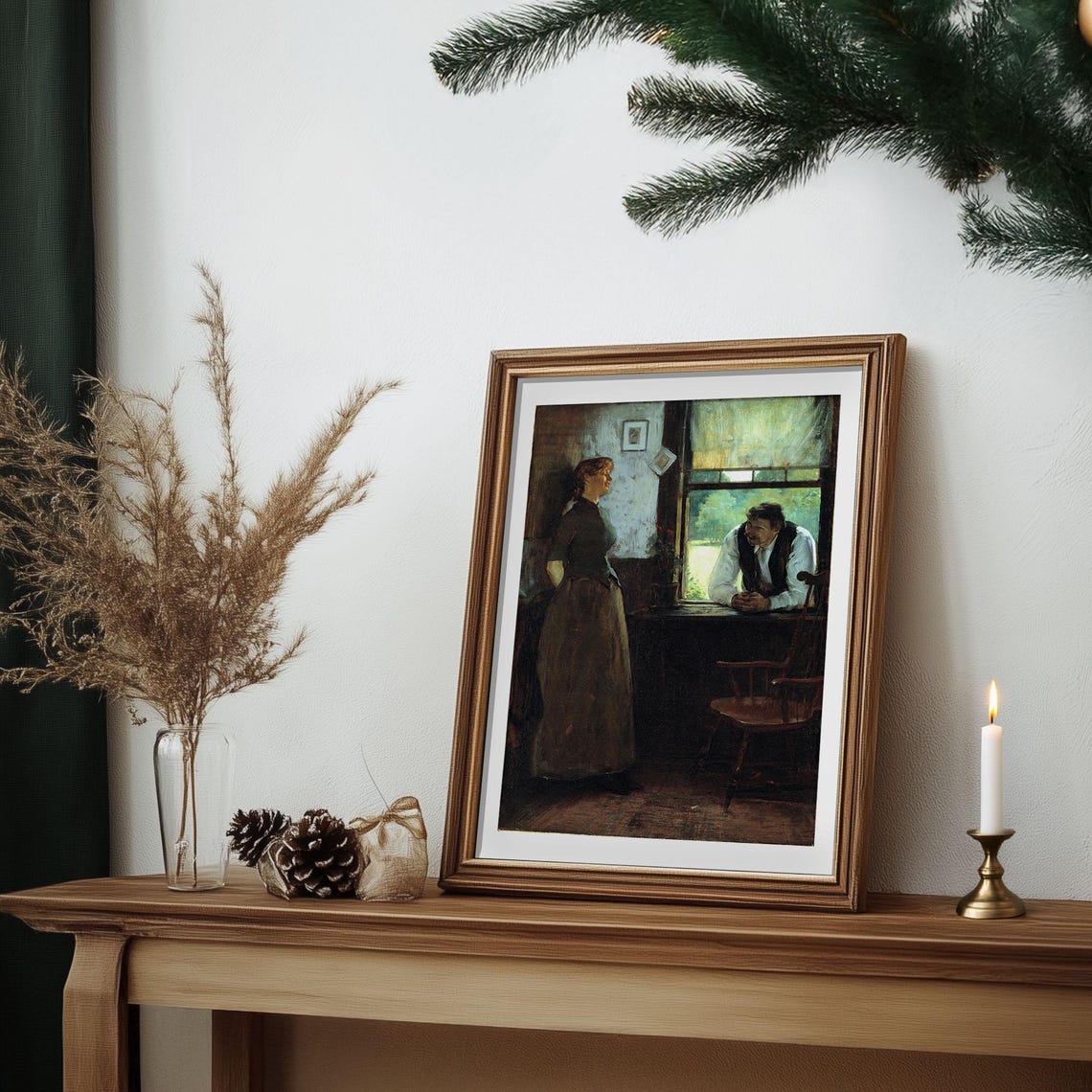 Woman and Man at Window Rustic Vintage Interior Oil Painting Poster - Image 6