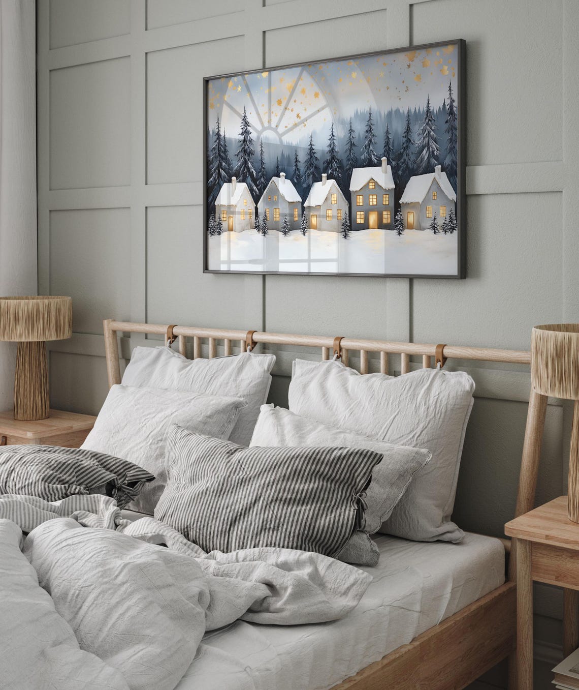 Row of White Snow Cottages Glowing Windows Golden Sky Winter Poster - Image 7