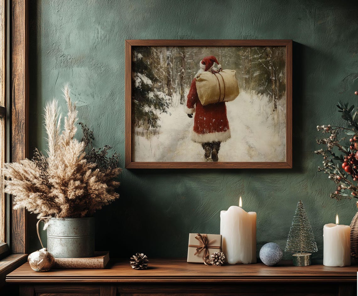 Santa Claus Carrying Gift Sack Through Snowy Forest Vintage Poster - Image 7